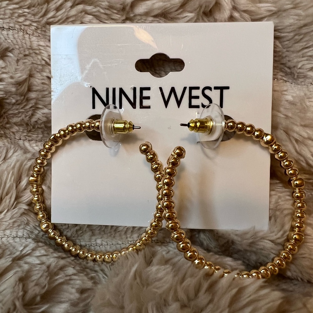Nine West Gold Beaded Circle Hoop Earrings with Rhinestones NWT